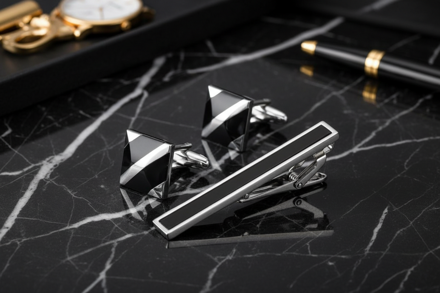 chrome and black tie and cufflinks