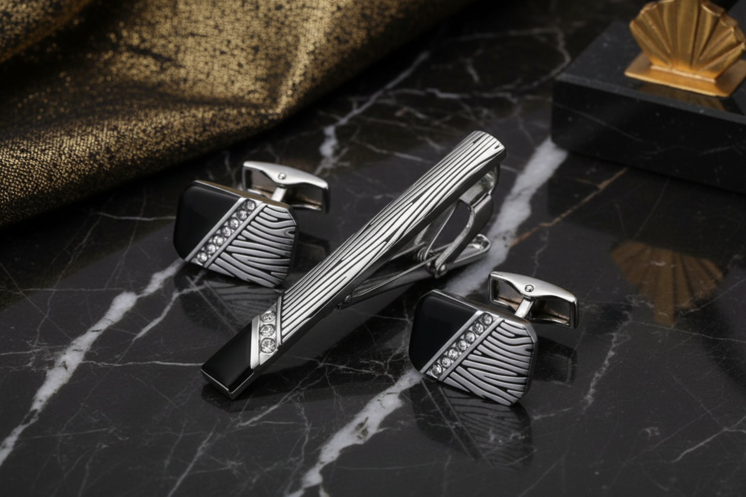cufflinks and tie clip. 