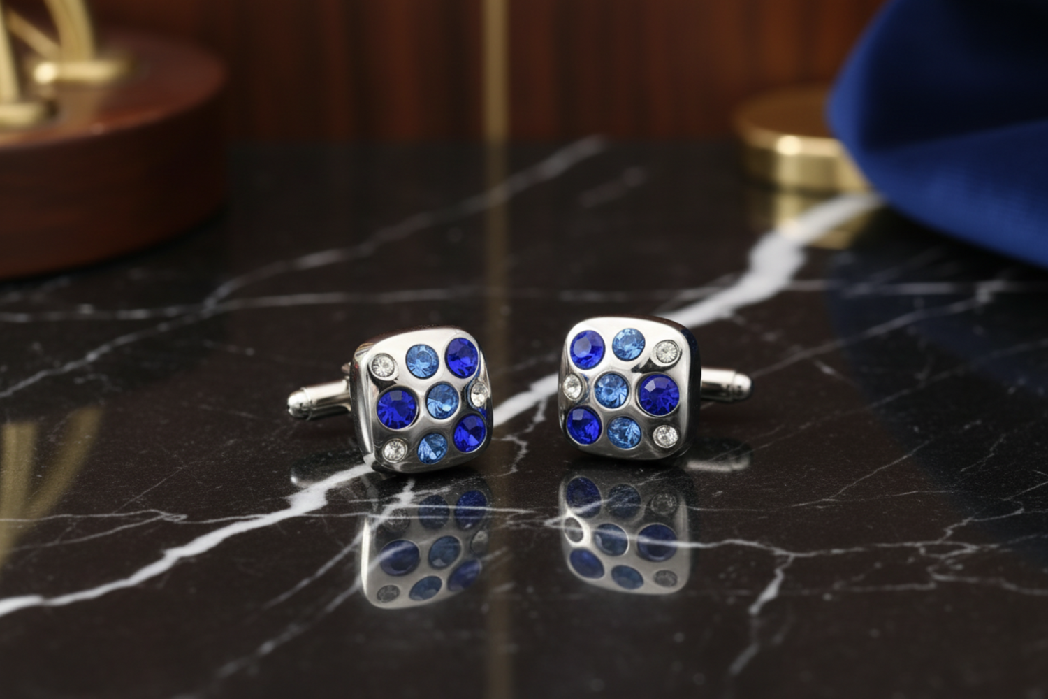 chrome and blue cufflinks