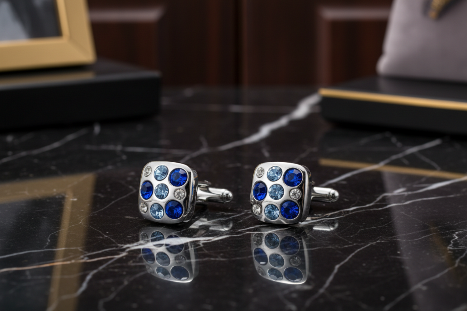 chrome and blue cufflinks view 2