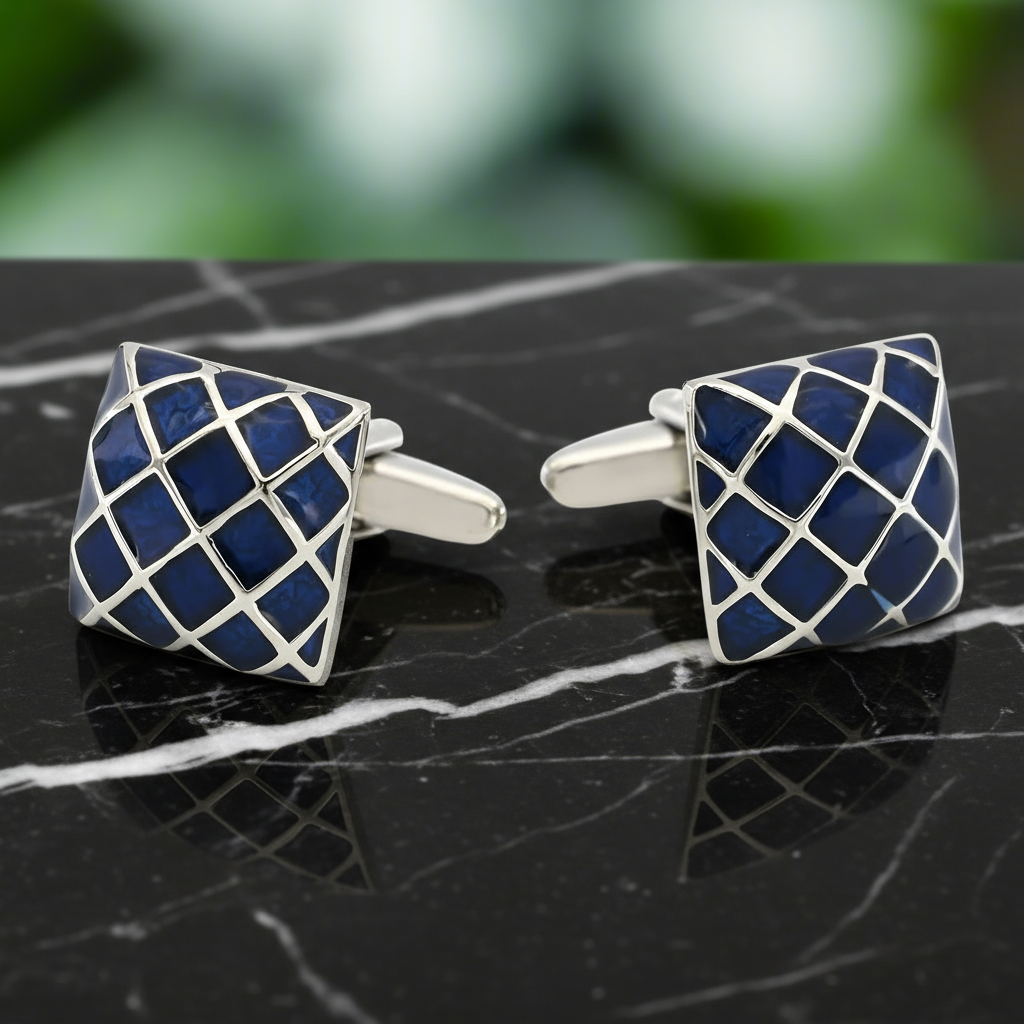 Main A Chrome, Blue Colored Geometric Diamond Pattern Cuff-links.