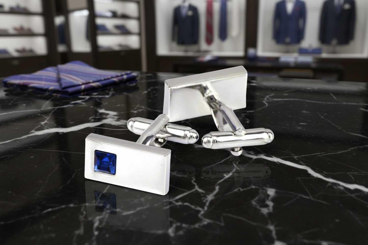 chrome and blue cufflinks