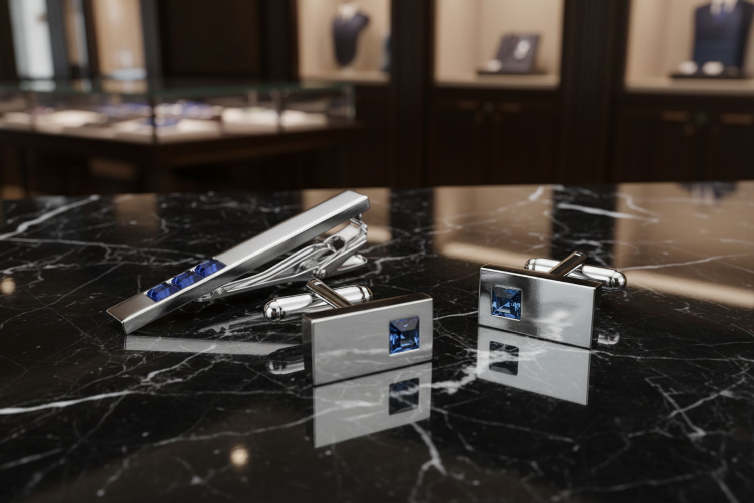 tie bar and cufflinks chrome and blue