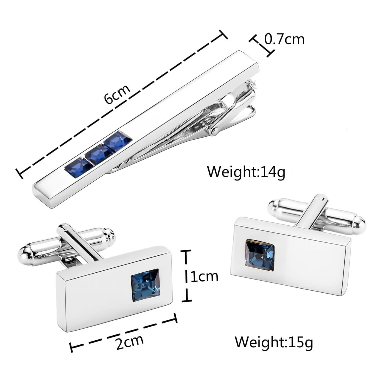 Dimension tie bar and cufflinks chrome and blue