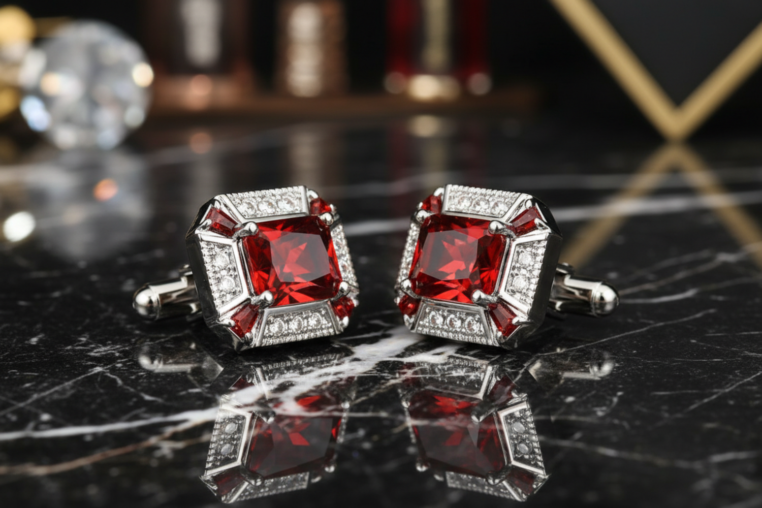 Chrome with Clear and Red Stones Octagon Cufflinks