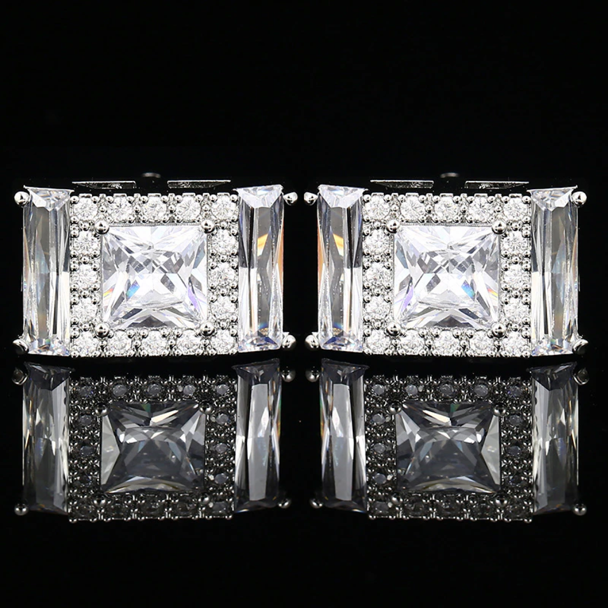 Chrome Color Rectangle Cufflinks with Clear Stones