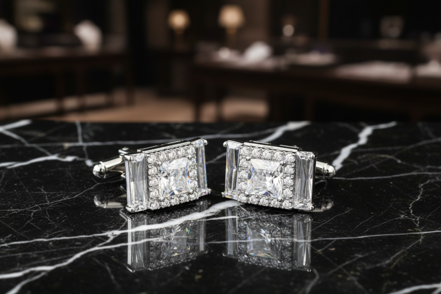 Main Chrome Color Rectangle Cufflinks with Clear Stones
