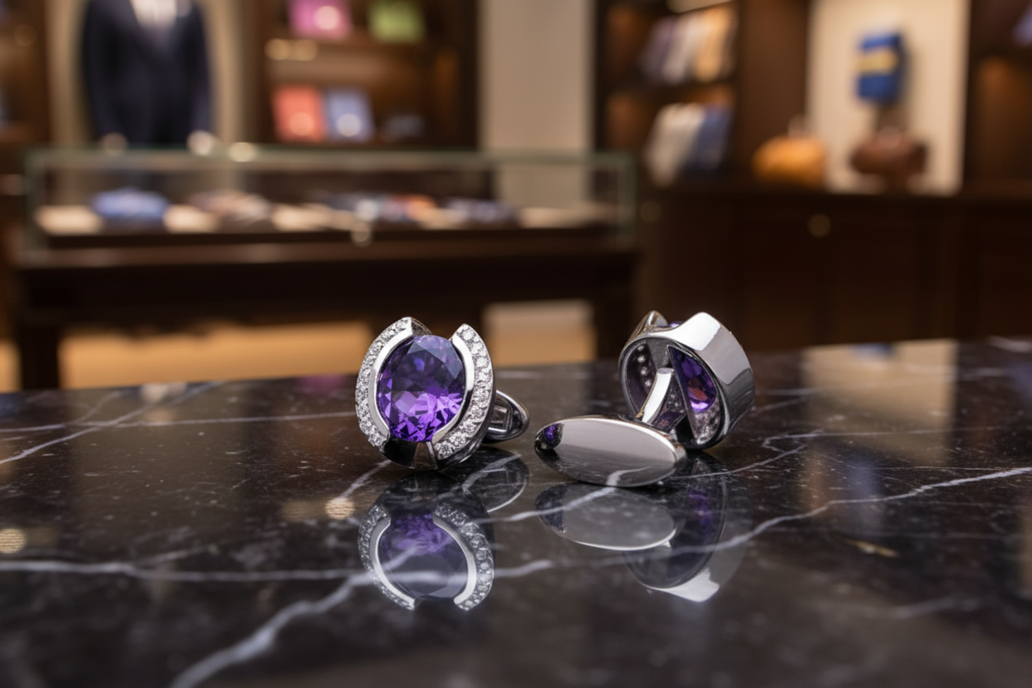 View 2: Chrome and Purple Cufflinks