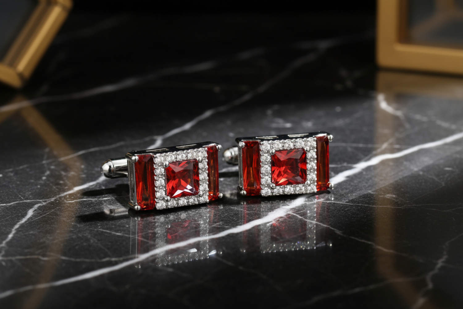 Premium Chrome Color Rectangle Cufflinks with Red Stones