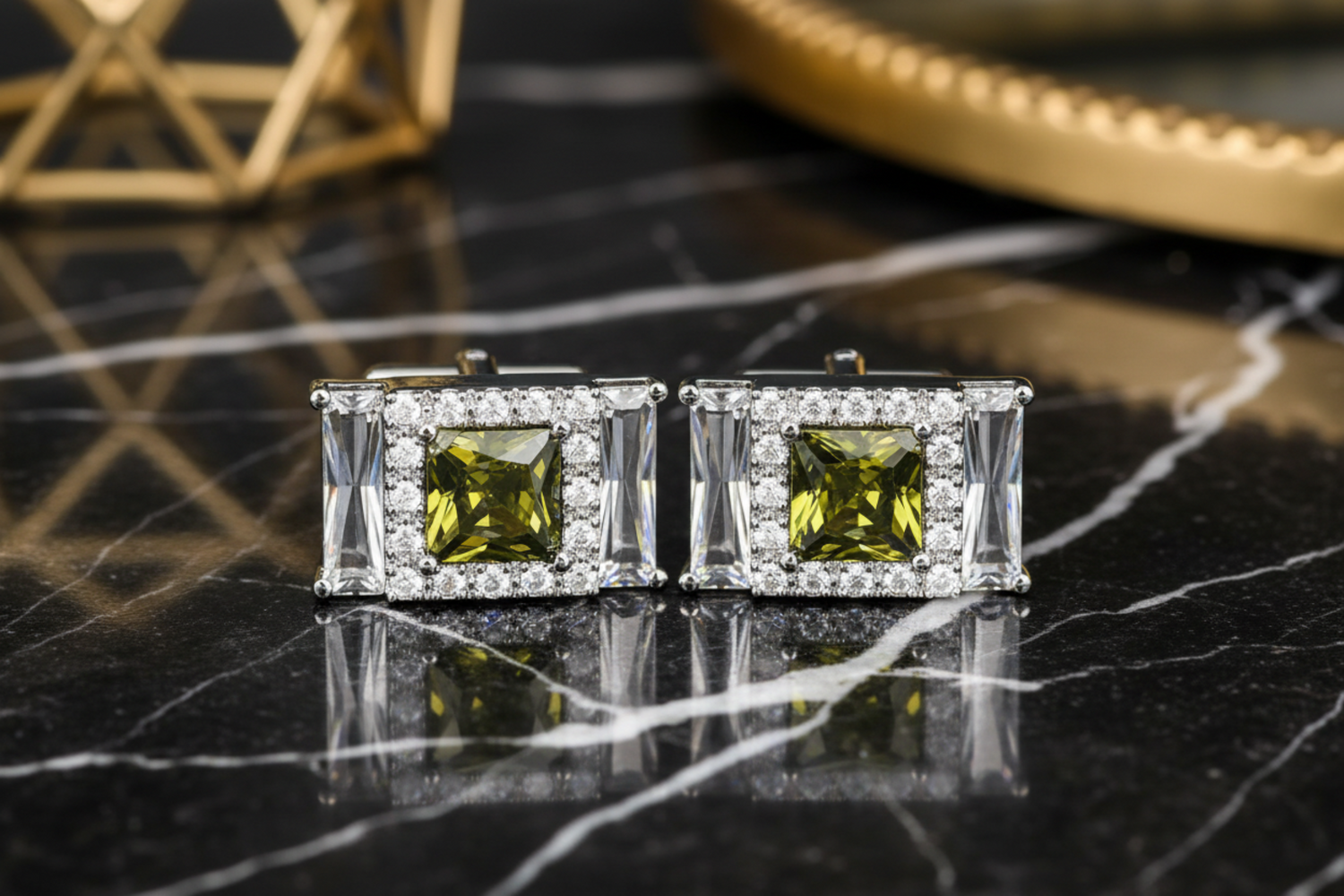 Premium Chrome Color Rectangle Cufflinks with Yellow Green Stones