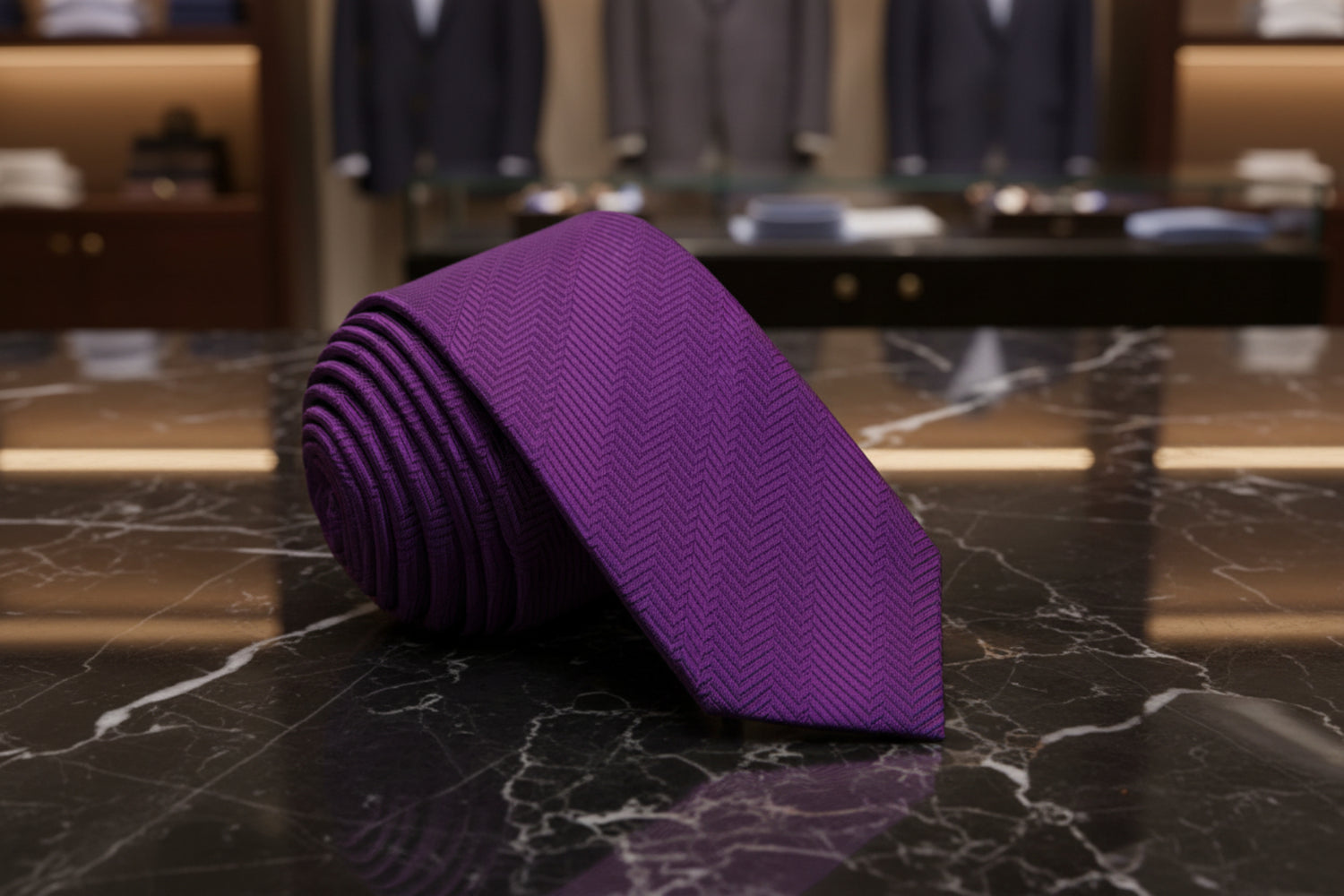 Purple tie with a subtle pattern on a black background