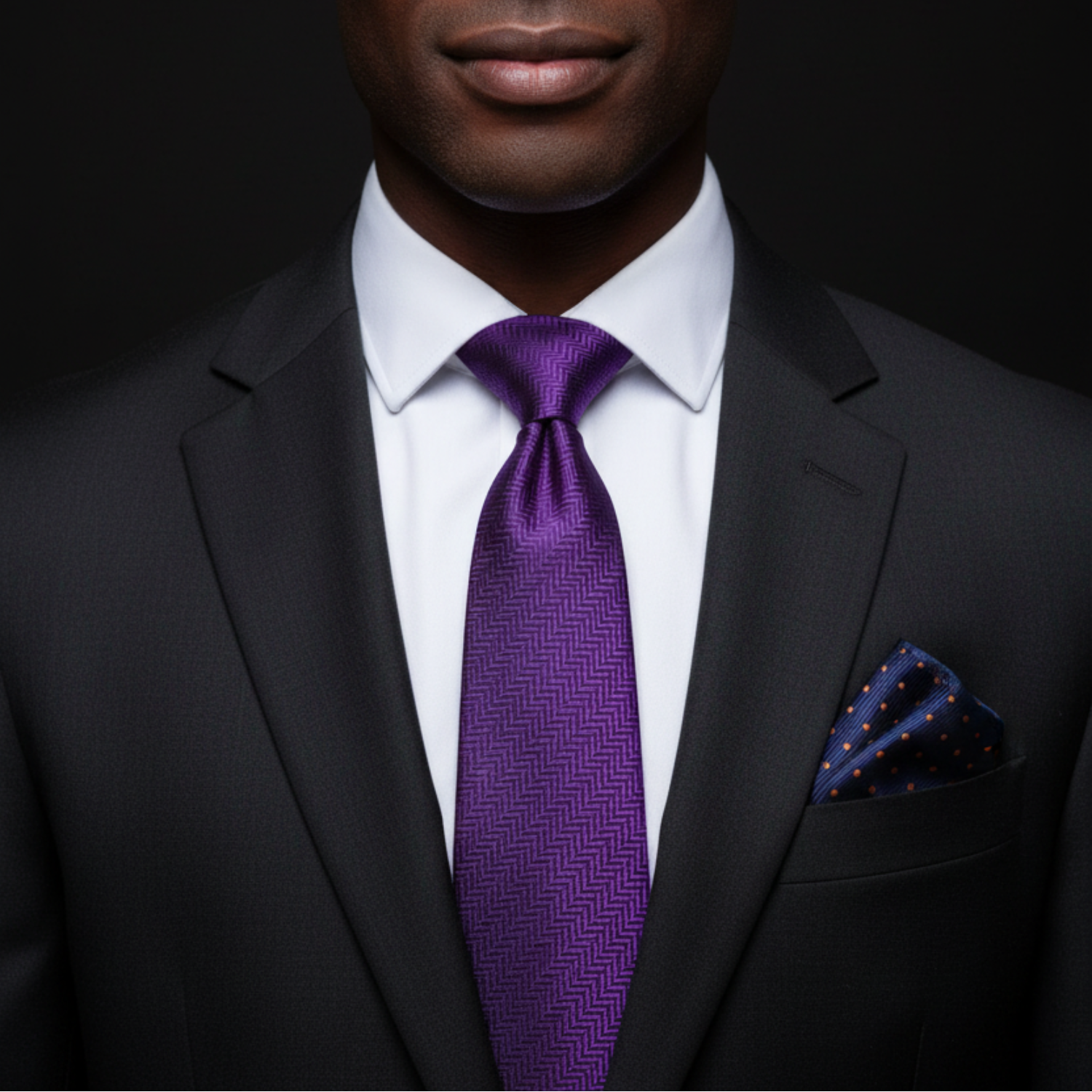 Man wearing a black suit with a purple tie and pocket square on a dark background