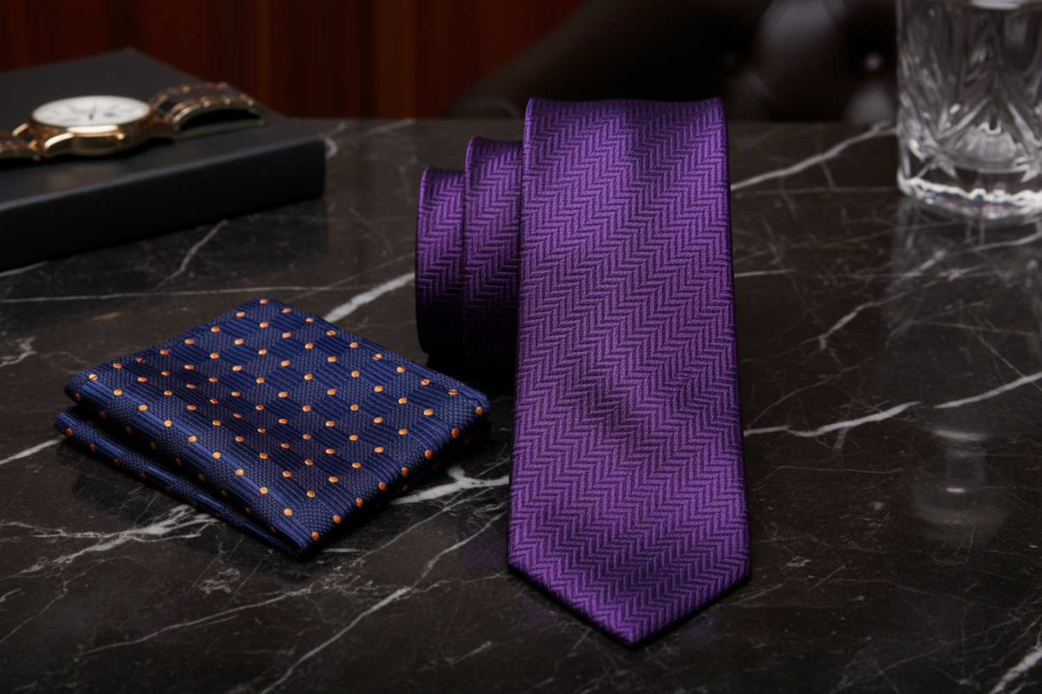 View 2: Purple Necktie with Accenting Blue and Gold Square