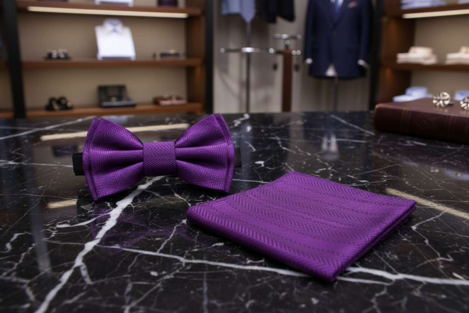 Purple bow tie and pocket square on a marble surface with a blurred background of a store.
