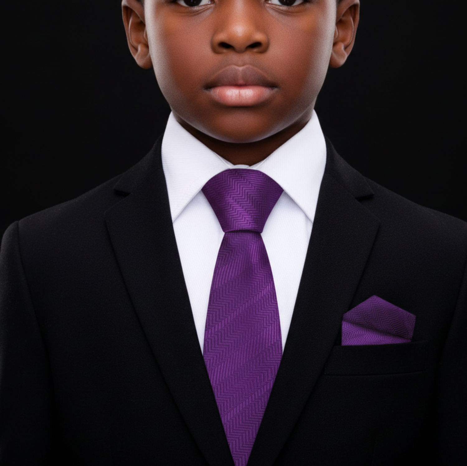 Young boy in a black suit with a purple tie and pocket square on a black background