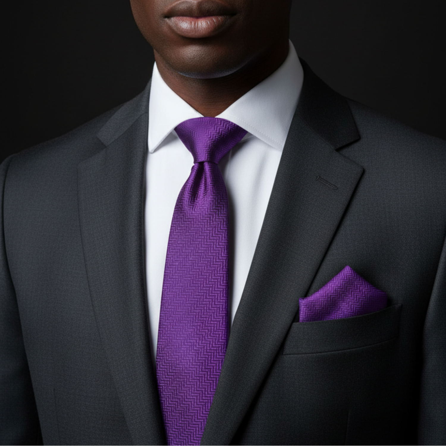 Man wearing a black suit with a purple tie and pocket square against a dark background