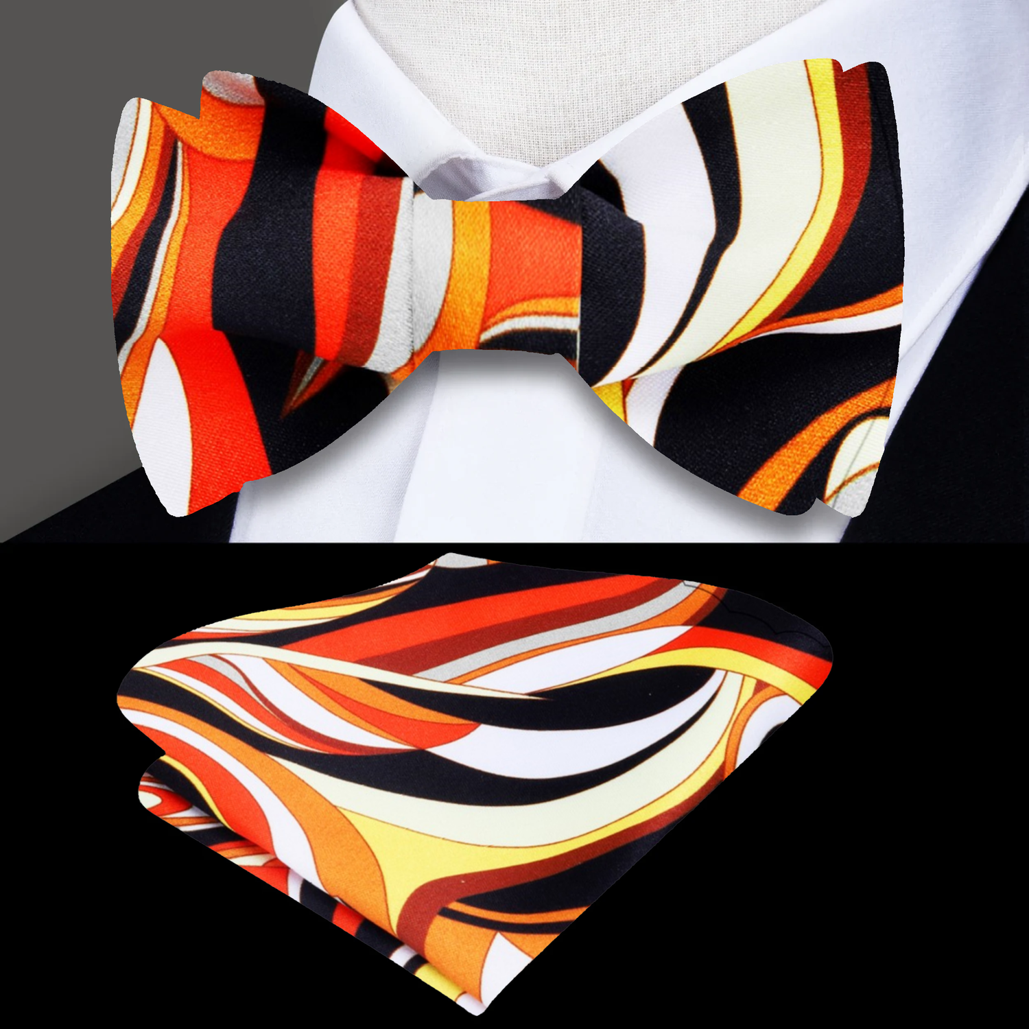 A Black, Yellow, Orange Abstract Pattern Self Tie Bow Tie, Matching Pocket Square