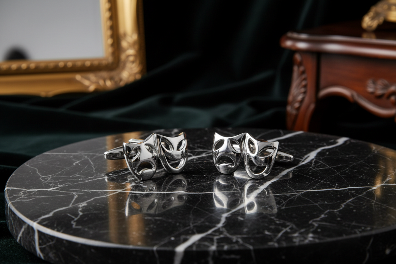 View 2 A Pair of Chrome Theatre Mask Cuff-links Set
