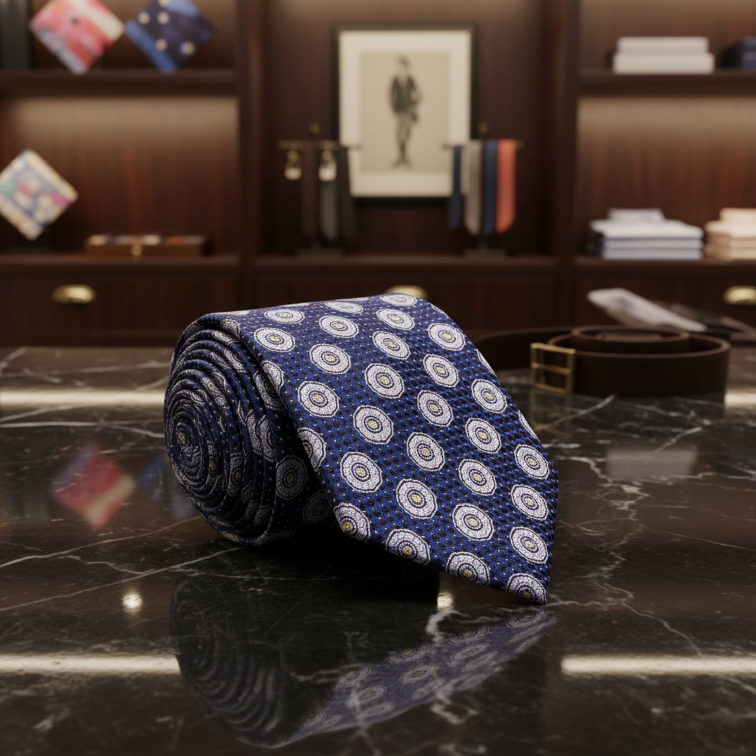 A rolled necktie with a navy blue base, featuring a repeating pattern of white and light blue circular medallions accented with small gold dots.
