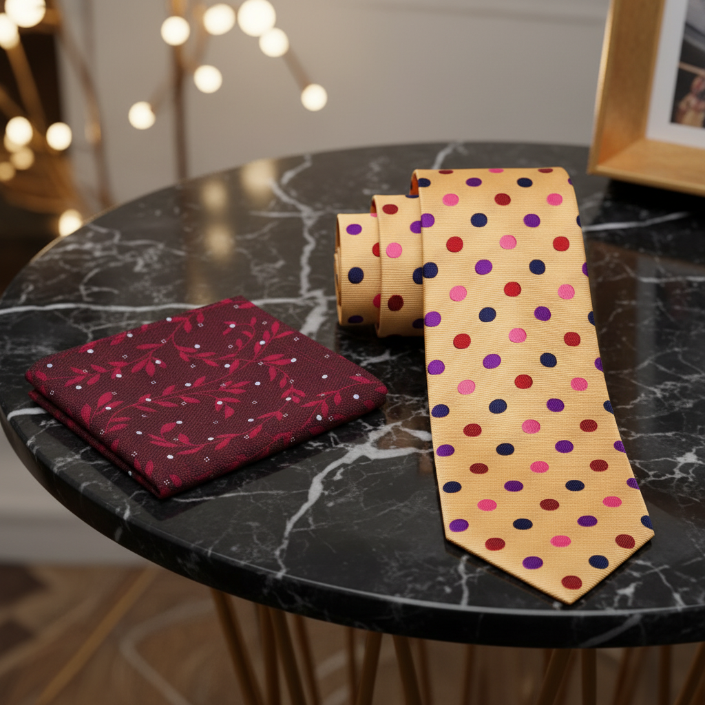Alt: Cream with Multi Color Polka Tie and Accenting Burgundy Pocket Square
