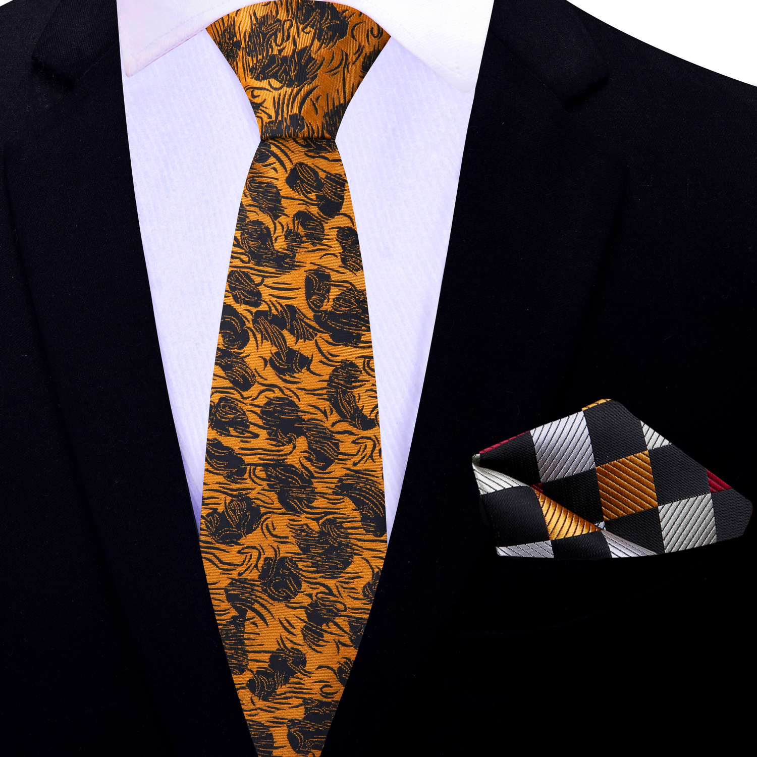 Thin Tie: Copper Orange and Black Abstract Tie and Silver, Copper, Black, Burgundy Check Square