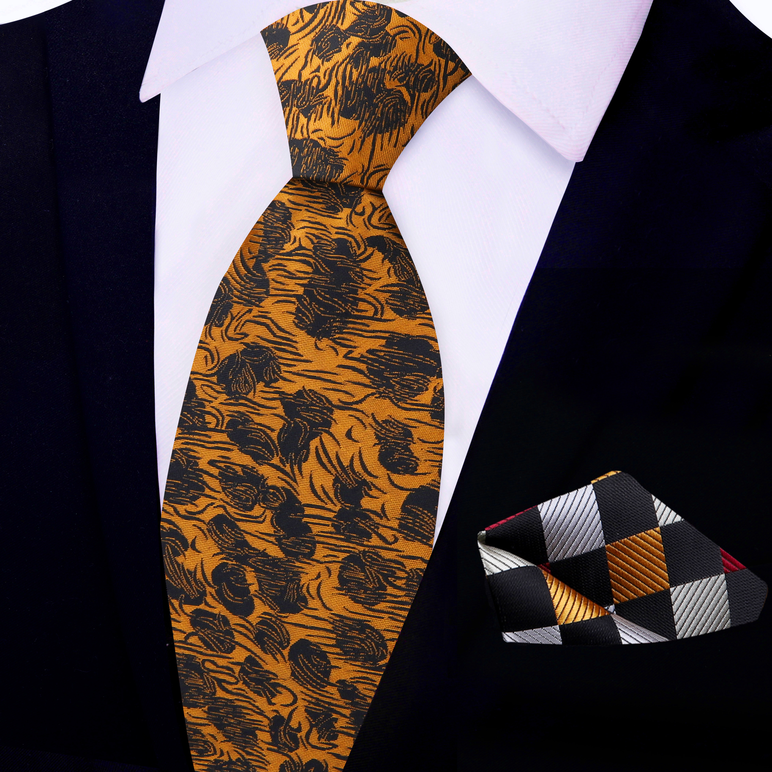 Copper Orange and Black Abstract Tie and Silver, Copper, Black, Burgundy Check Square