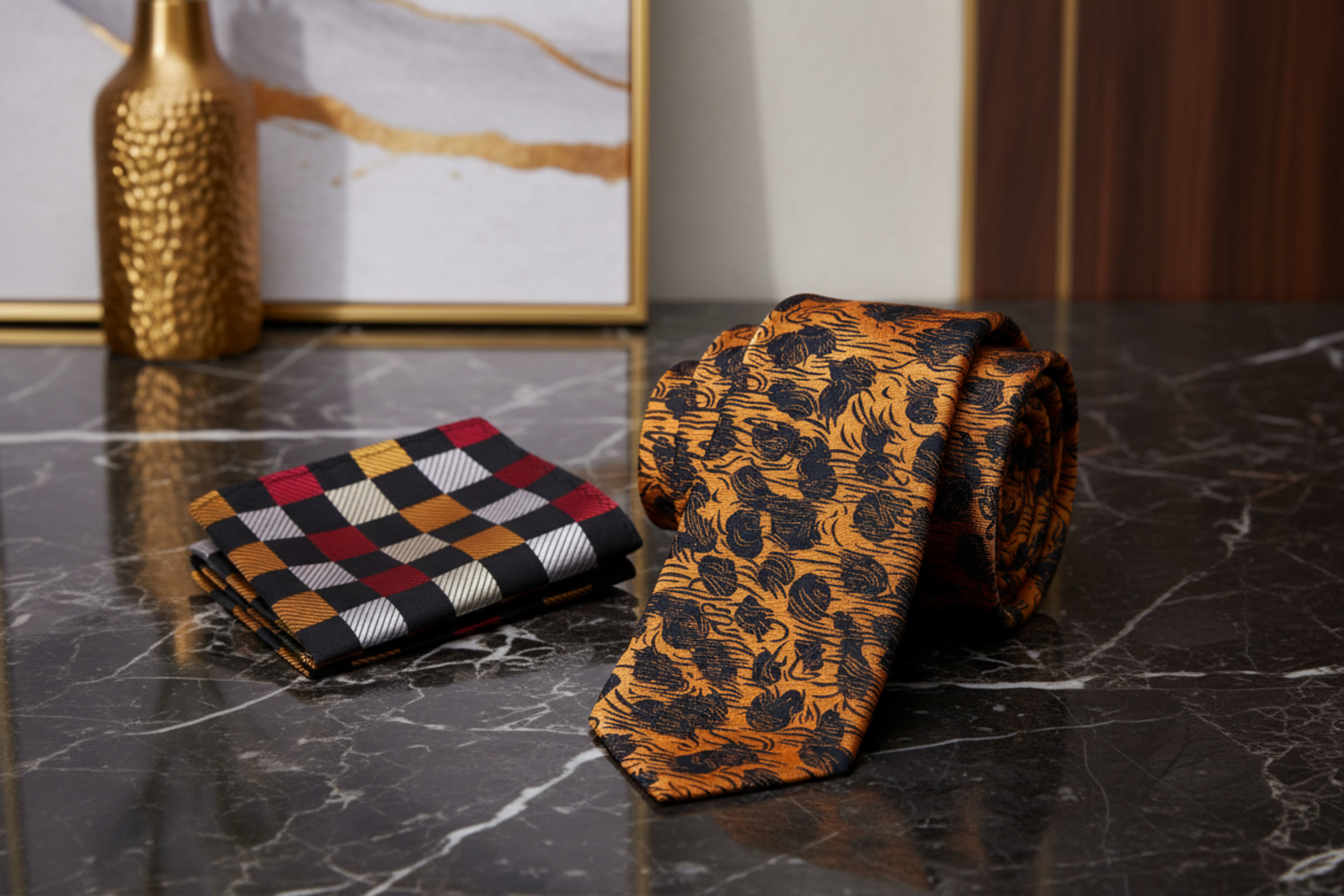 Alt View: Copper Orange and Black Abstract Tie and Silver, Copper, Black, Burgundy Check Square