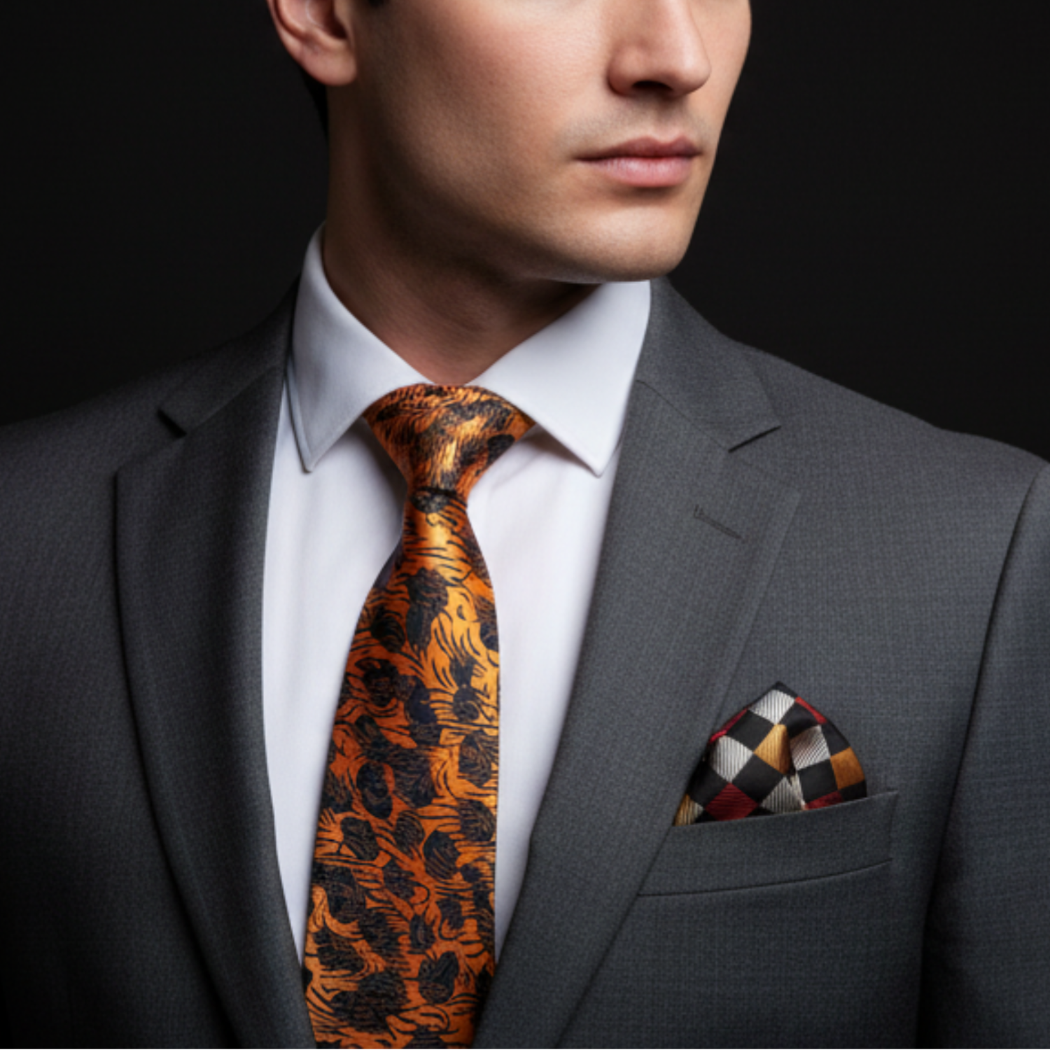 Alt View: Copper Orange and Black Abstract Tie and Silver, Copper, Black, Burgundy Check Square on man wearing suit