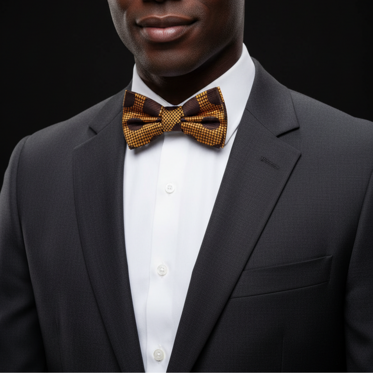 Man wearing a black suit with a white shirt and patterned bow tie on a black background