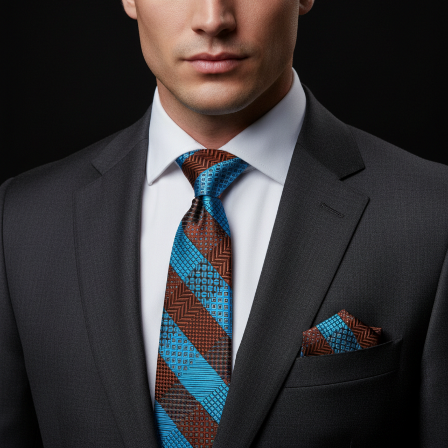 Man wearing a gray suit with a patterned tie and pocket square against a black background