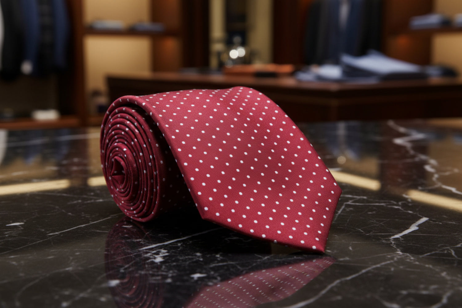Red tie with white polka dots on a white background