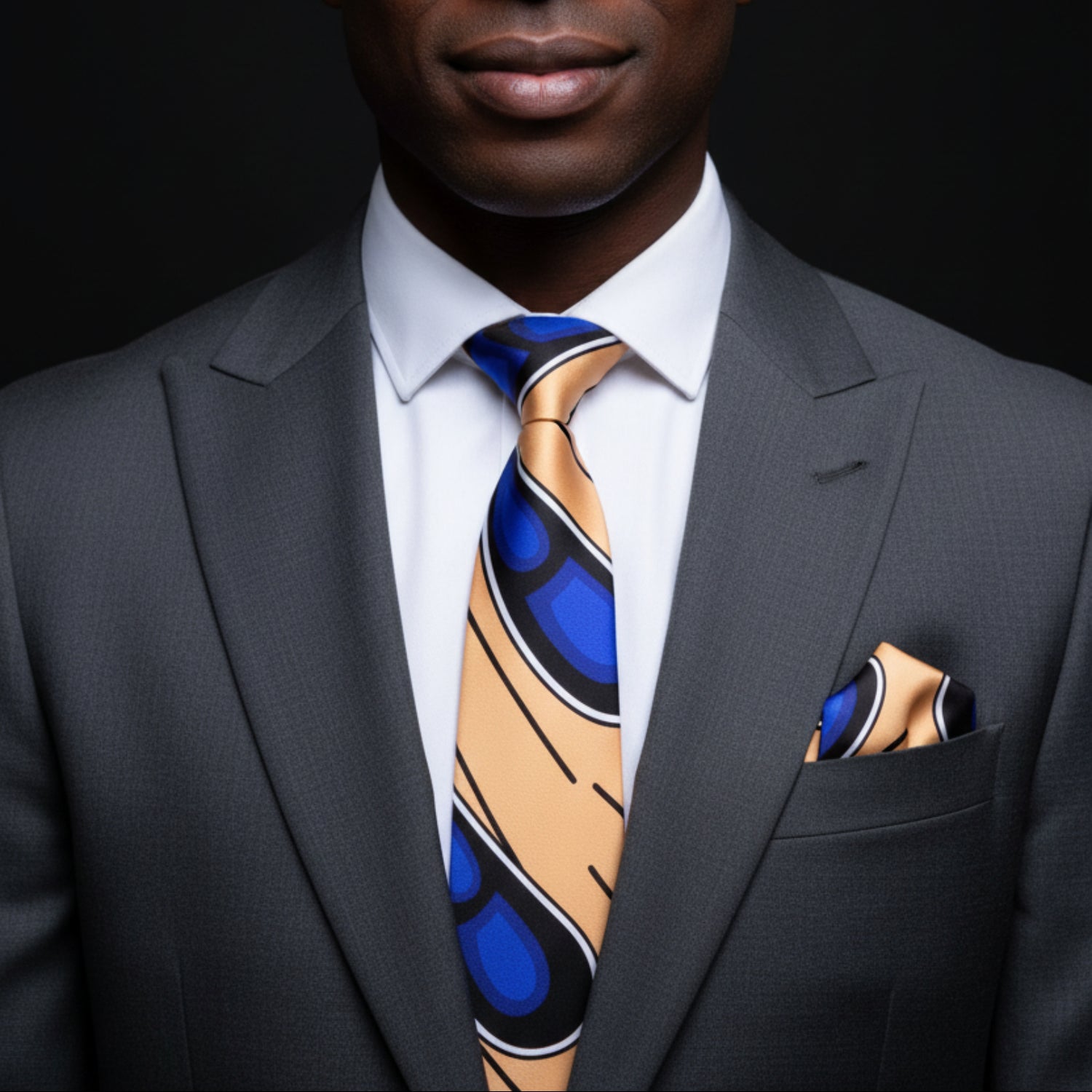 Man wearing a gray suit with a colorful tie and pocket square against a black background