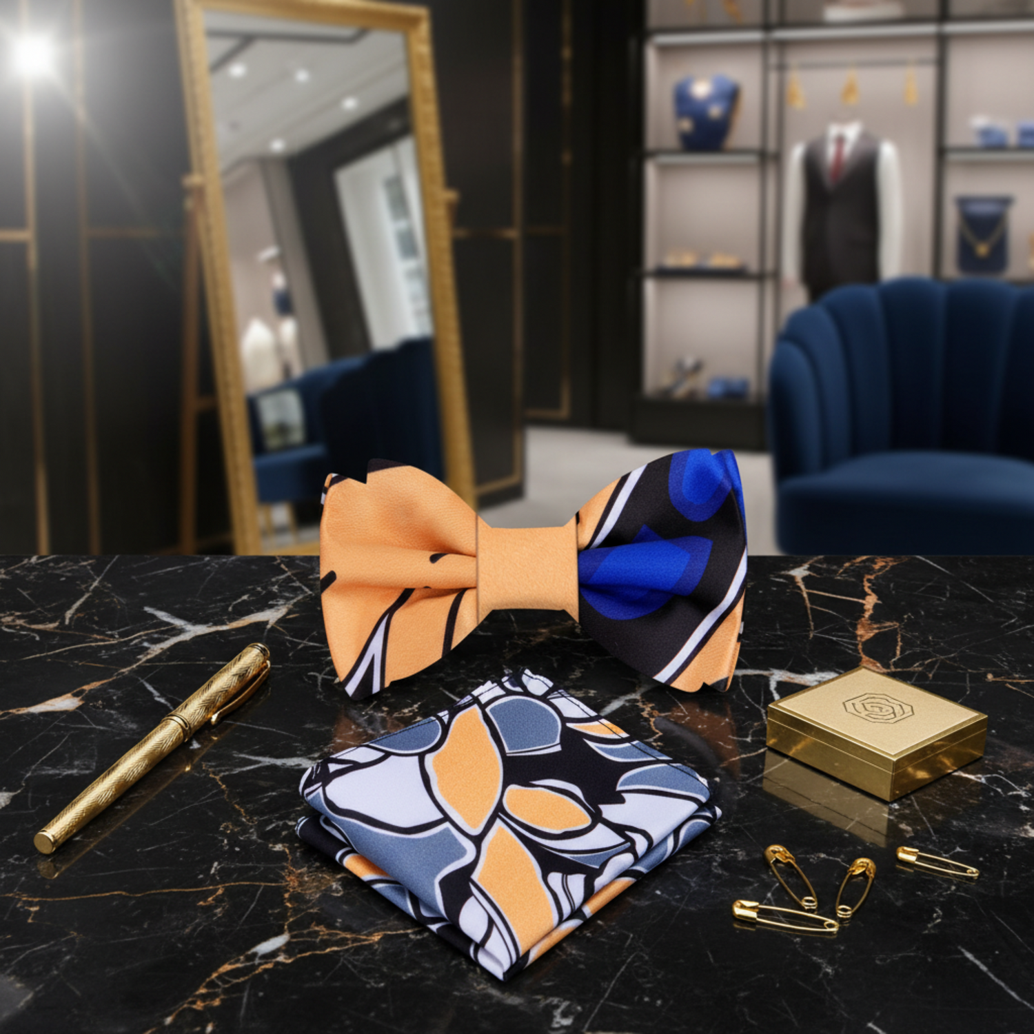 Cream, Blue, Black, White Paisley Bow Tie and Accenting Pocket Square