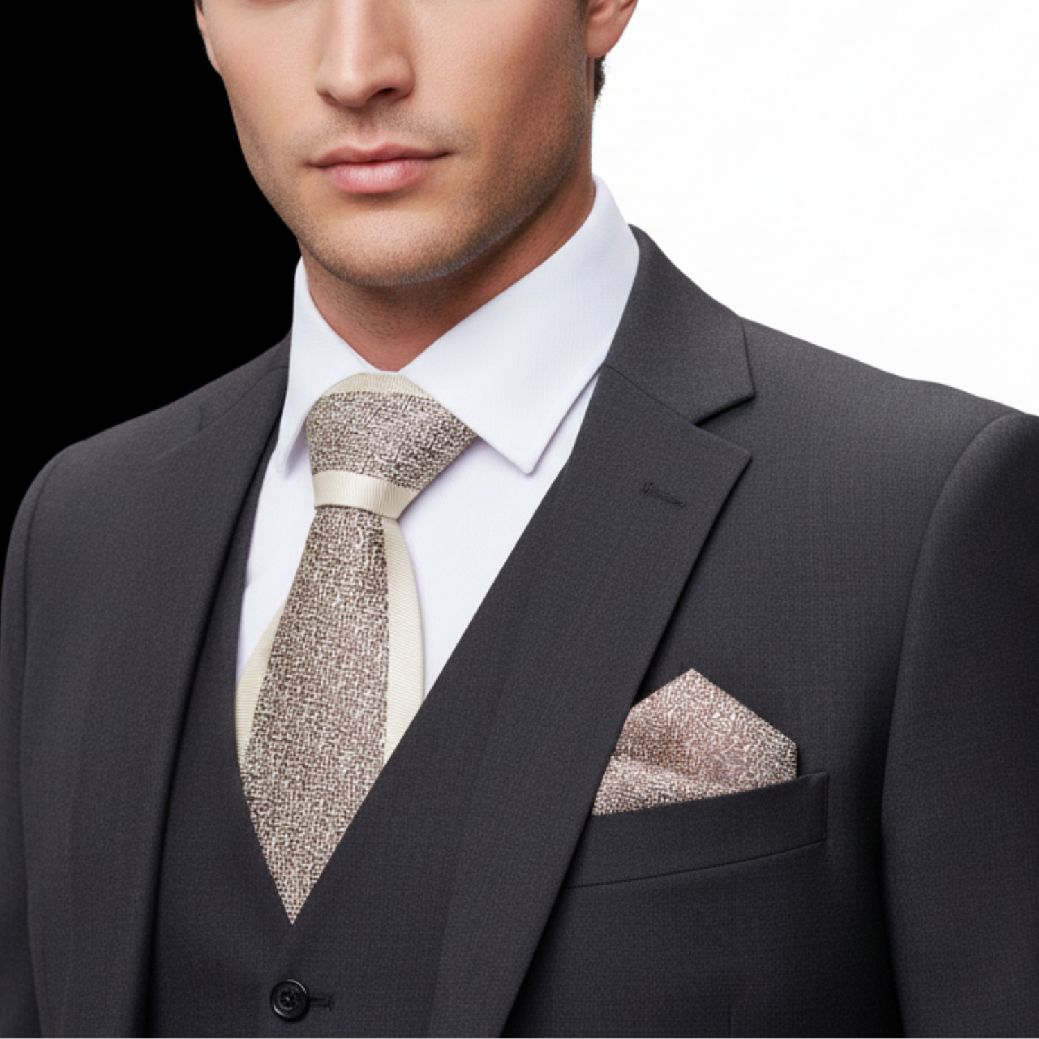 Man wearing a gray suit with a patterned tie and pocket square on a white background