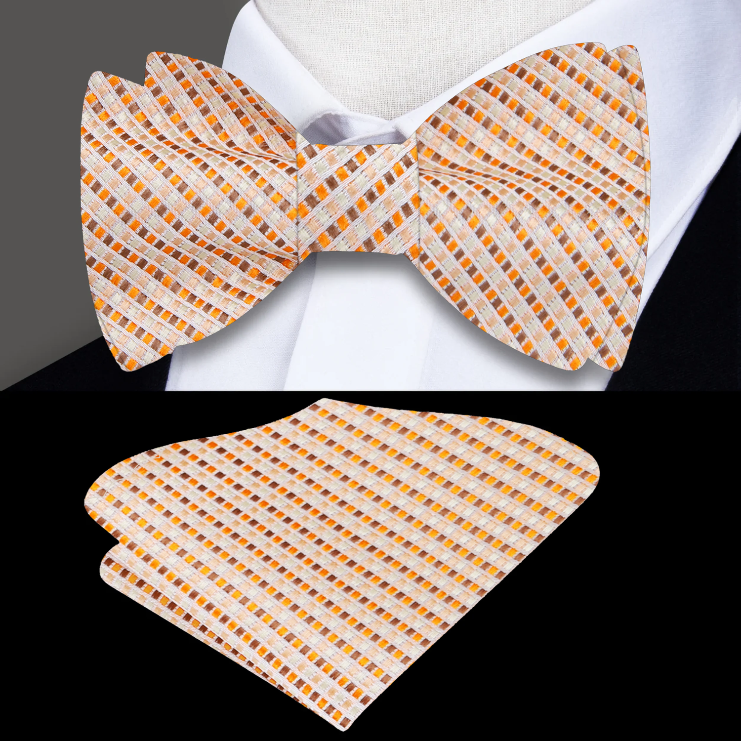 A Khaki and Orange Small Checks Pattern Silk Self Tie Bow Tie||Khaki