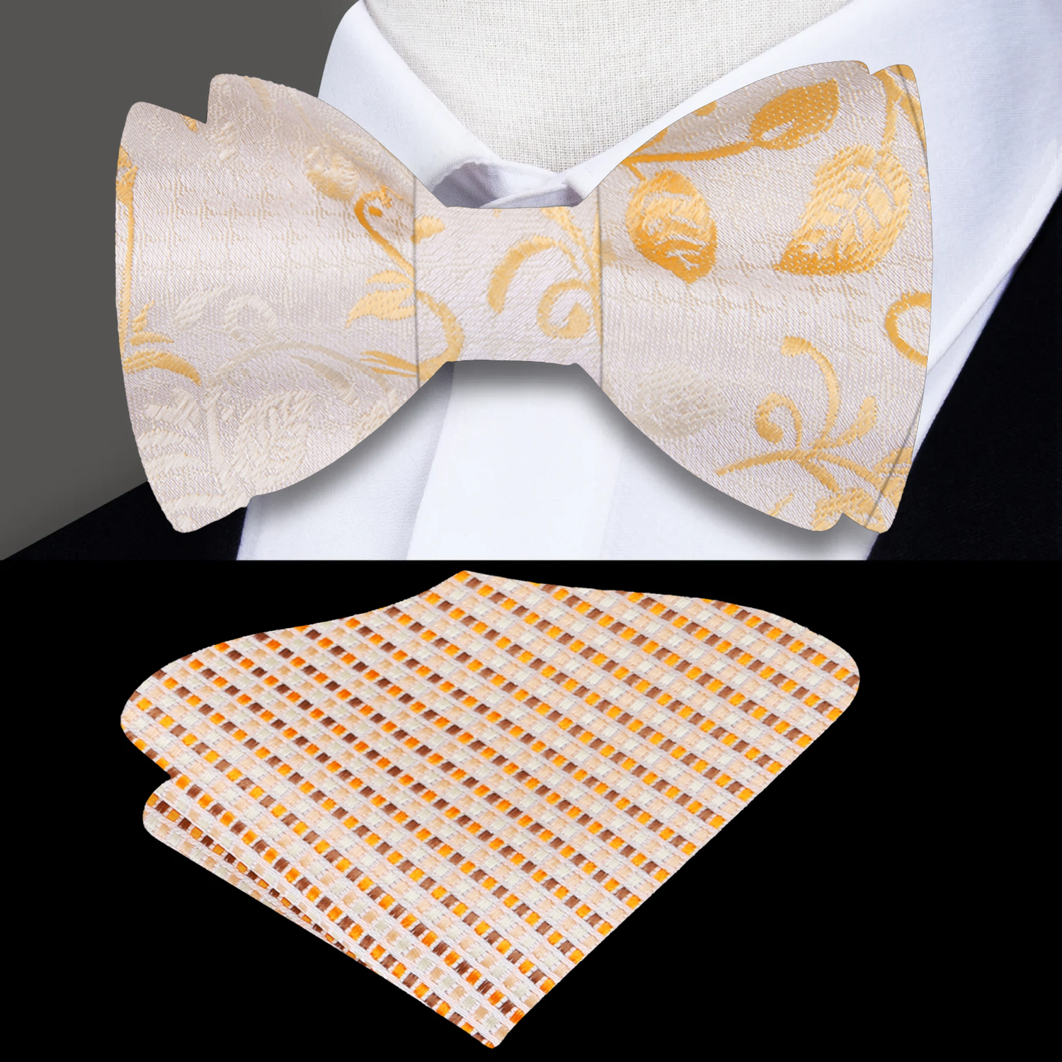 Cream Floral Bow Tie and Accenting Square