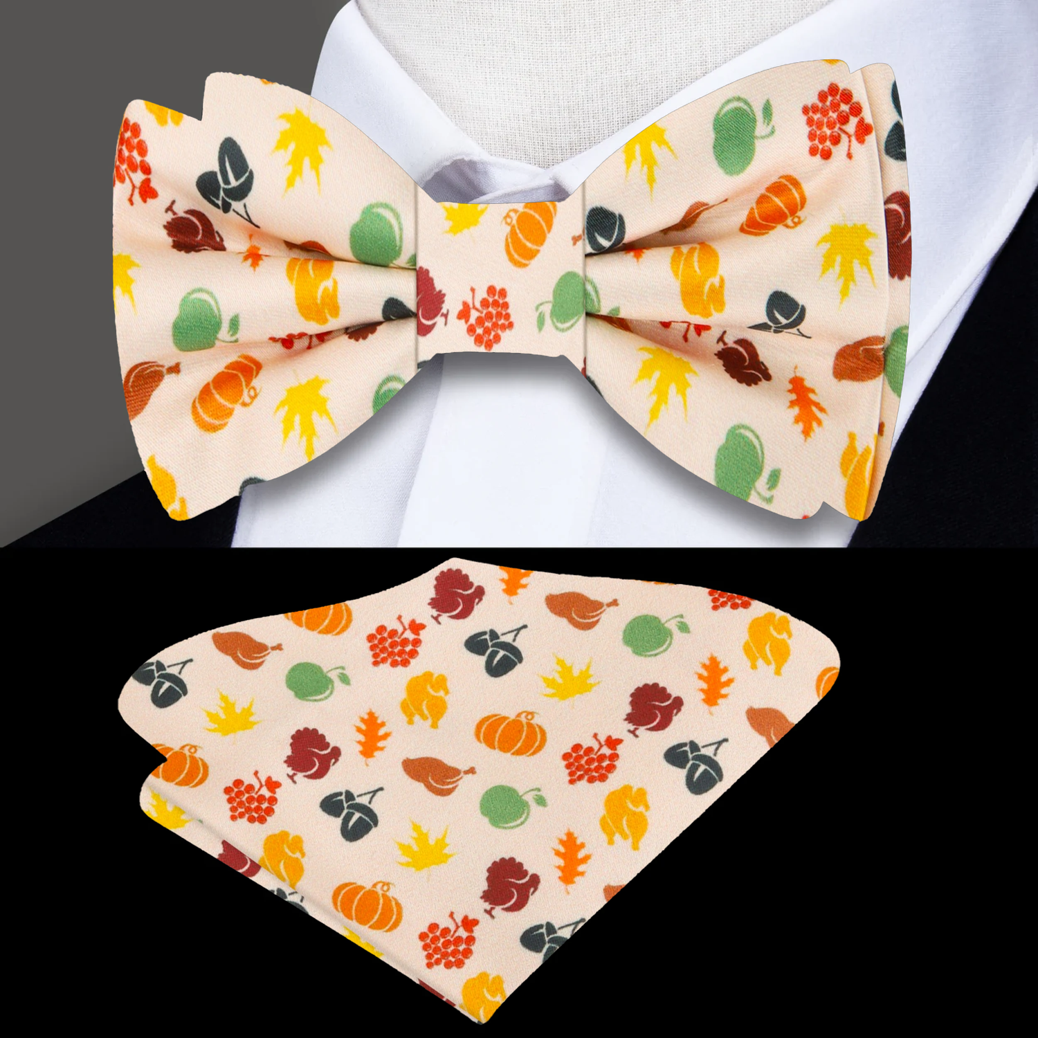 Cream Orange Green Red Brown Red Thanksgiving Cornucopia Bow Tie and Square