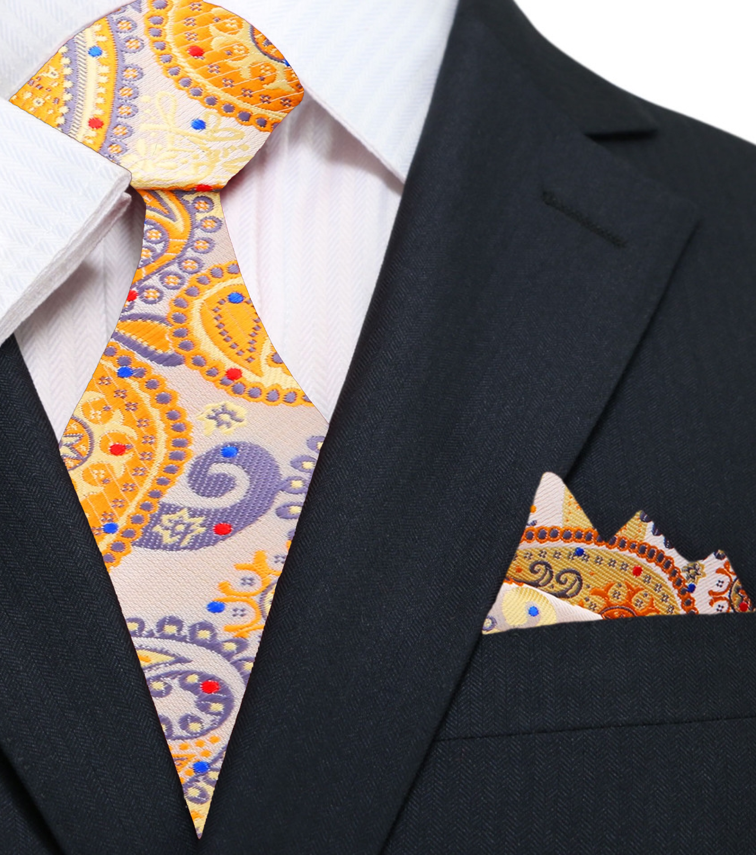 A Cream, Yellow, Red, Blue Paisley Pattern Silk Necktie, Matching Pocket Square