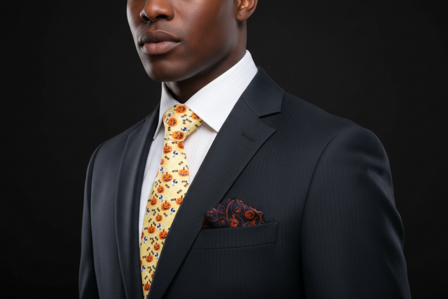 A necktie with a pattern of orange jack-o'-lanterns, black and orange candy, and skulls on a pale yellow background, displayed on a flat surface.