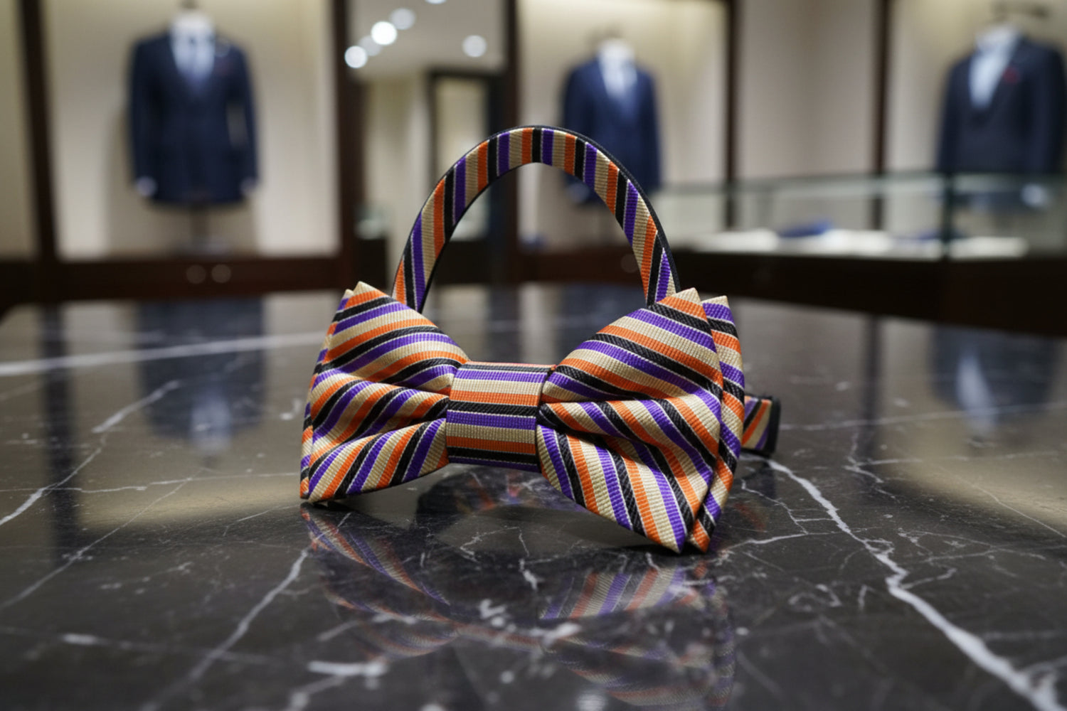 Cream Black Purple Orange Stripe Bow Tie Pre Tie