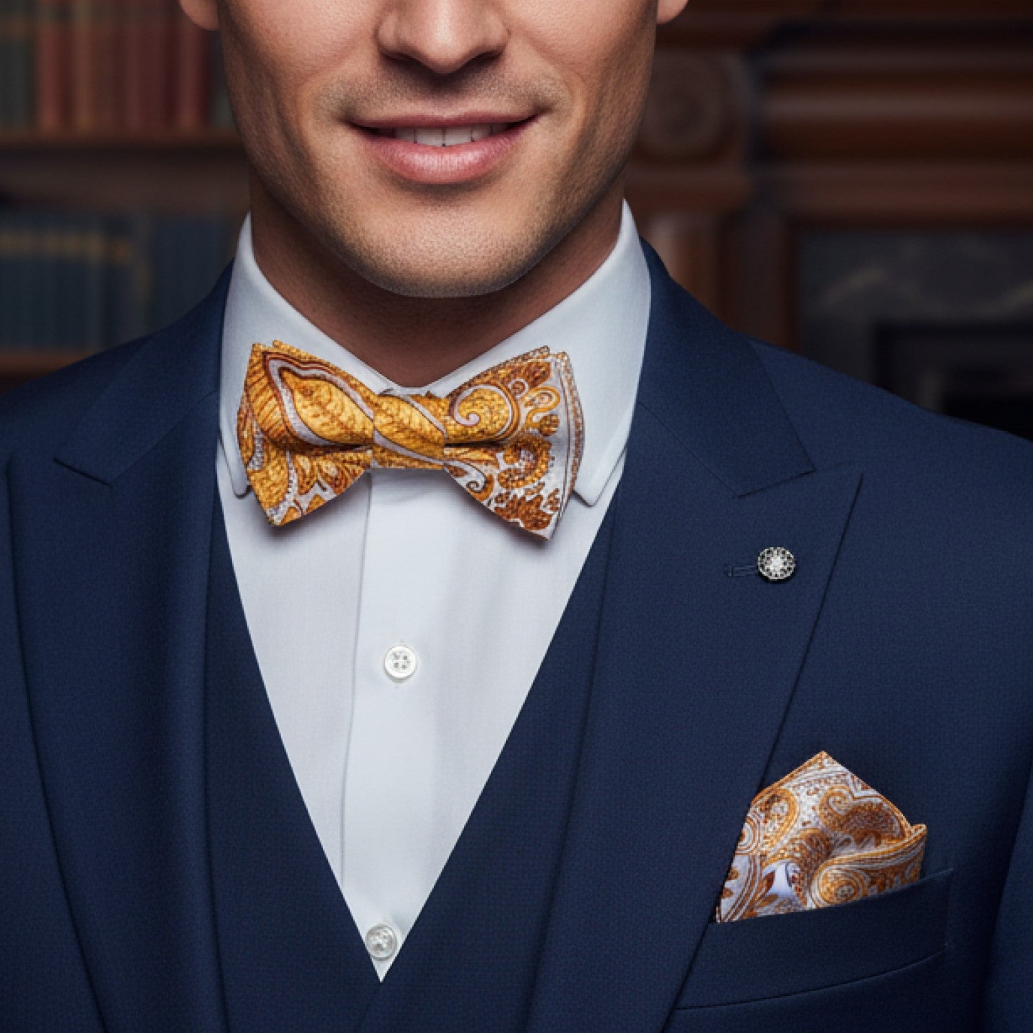 Man wearing a navy suit with a patterned bow tie and pocket square, indoors.