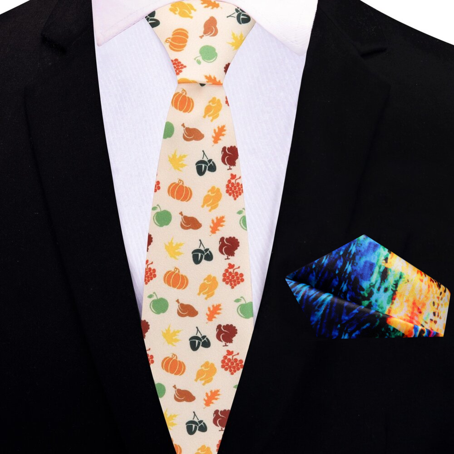 Thin Premium Cream, Orange, Green, Purple, Red Pumpkins, Turkey, Apple, Acorn Tie And Accenting Pocket Square