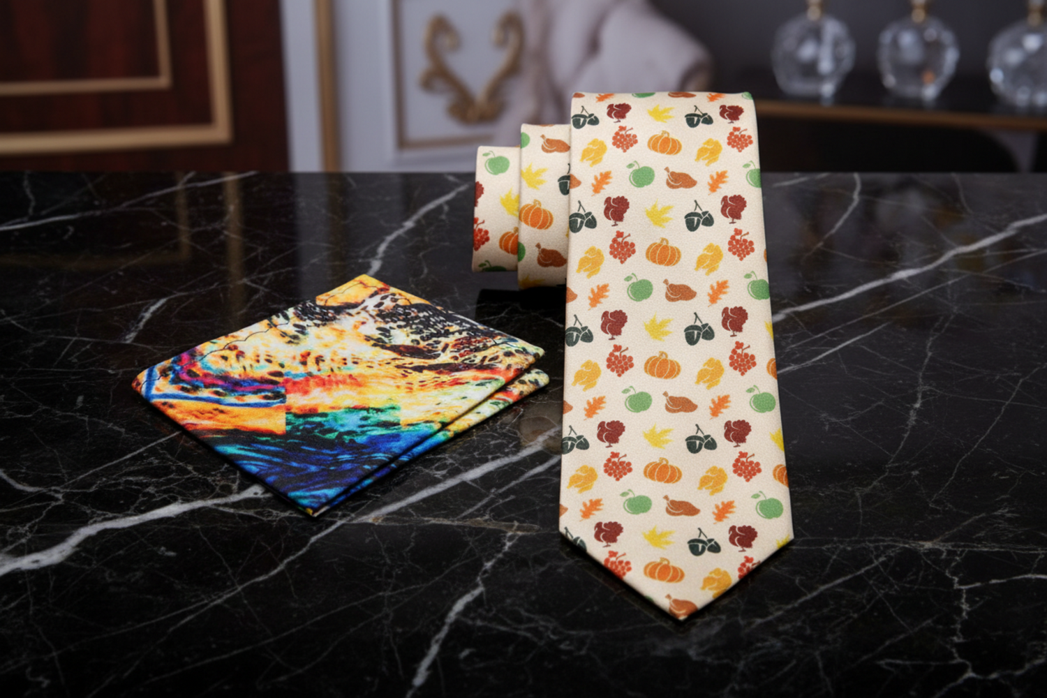 alt Premium Cream, Orange, Green, Purple, Red Pumpkins, Turkey, Apple, Acorn Tie And Accenting Pocket Square