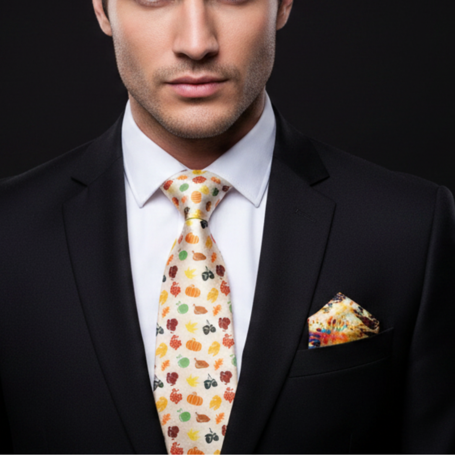 Man wearing a black suit with a colorful tie and pocket square against a dark background