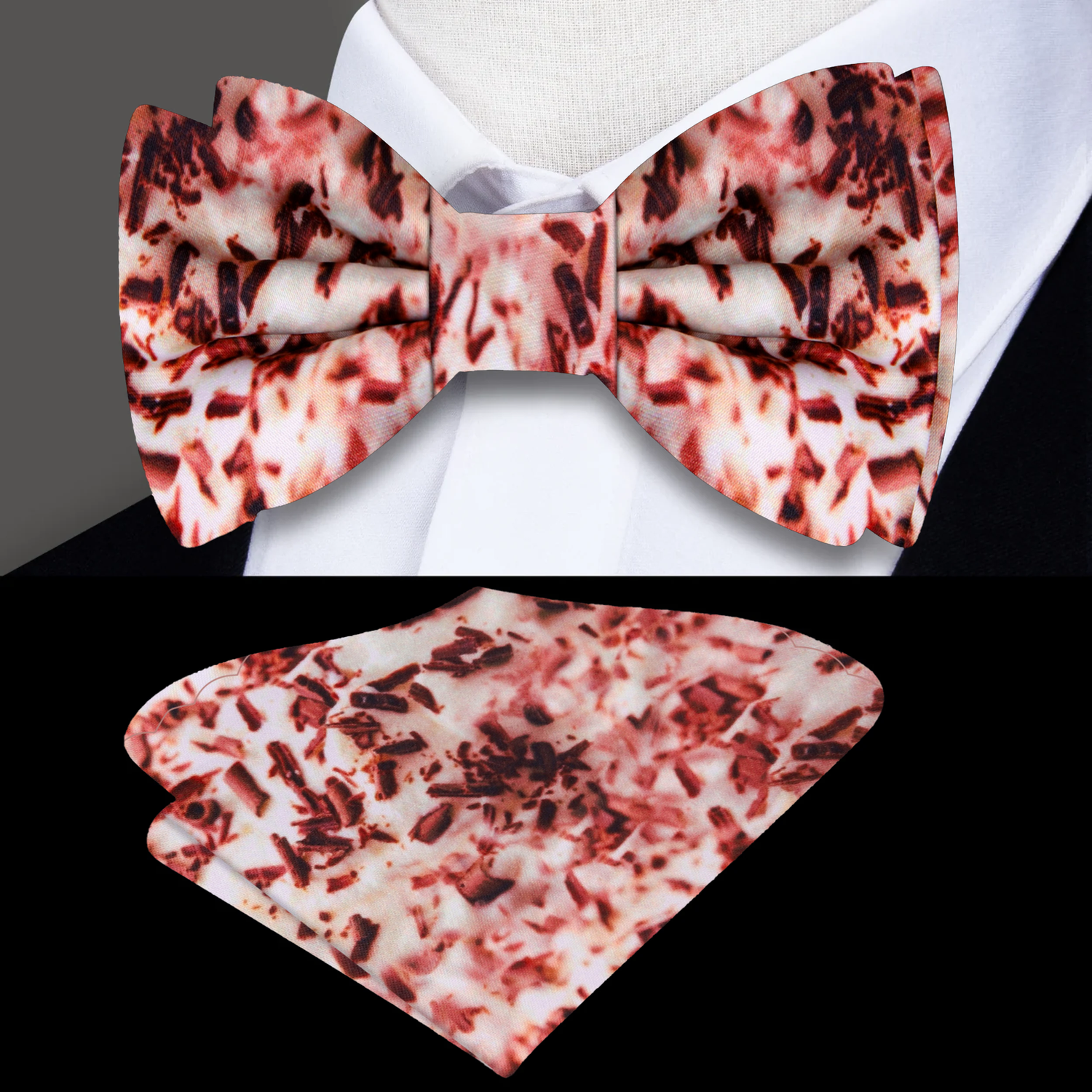 An Off White Brown Irish Cream Coffee Pattern Bow Tie, Pocket Square