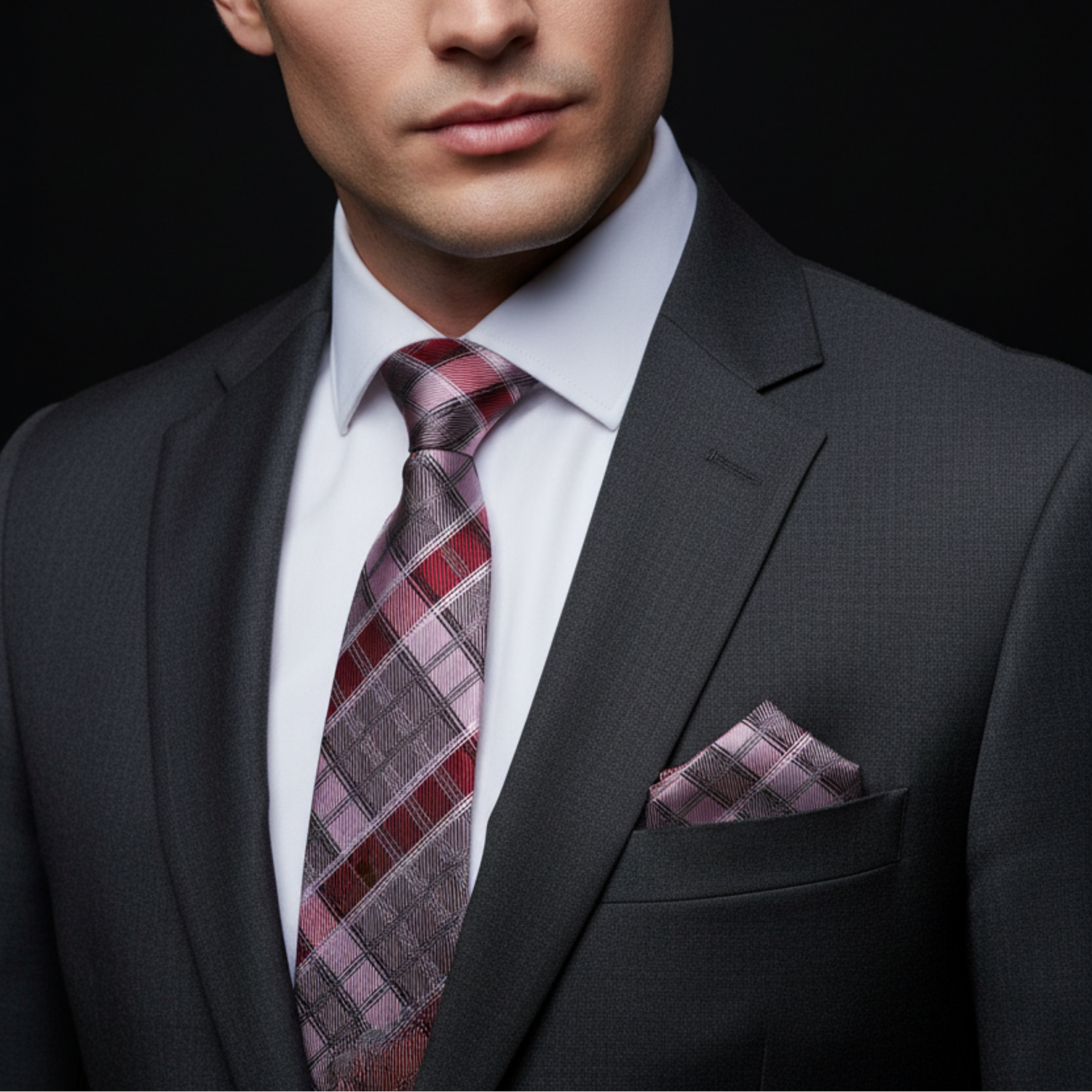 Grey, Pink & Red Plaid Necktie