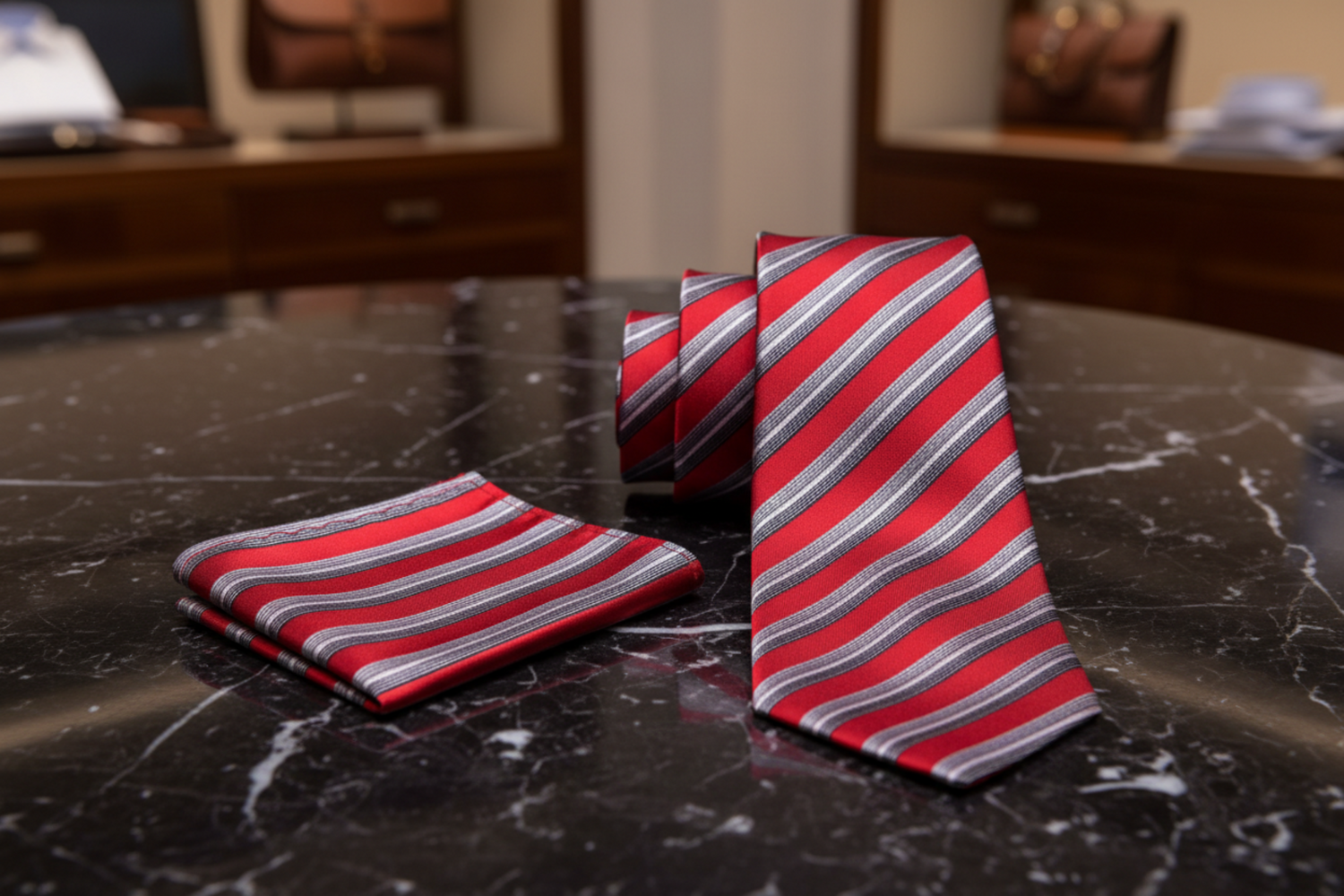 Alt View: Red, Grey Stripe Tie and Pocket Square