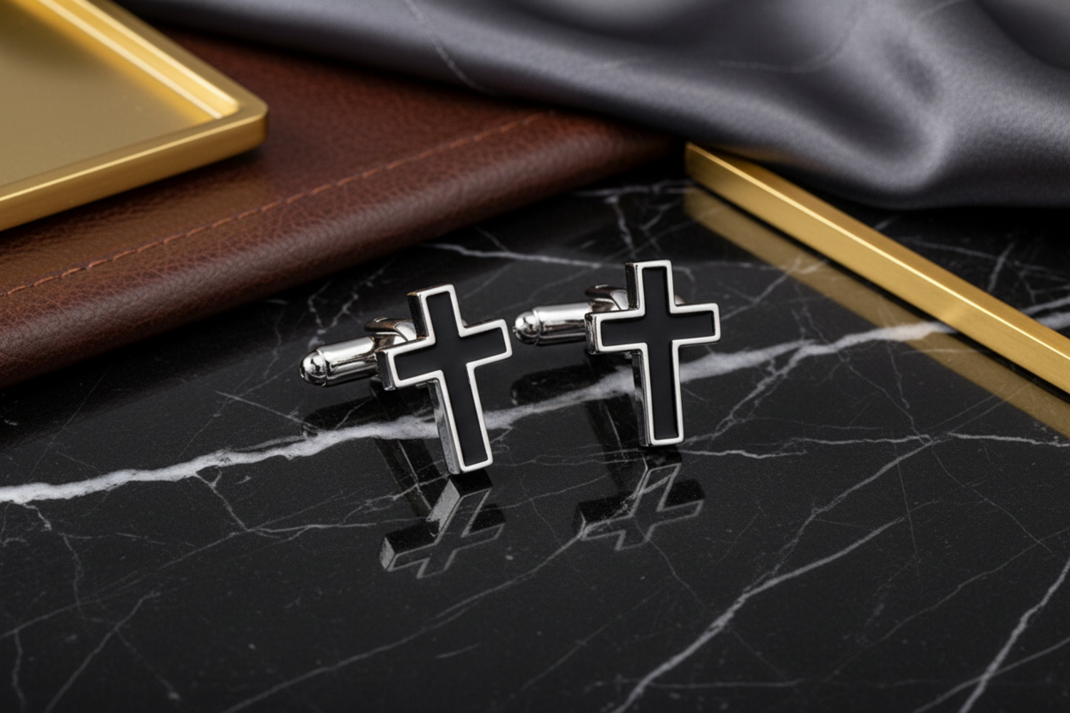 Chrome and Black Cross Cufflinks Beauty