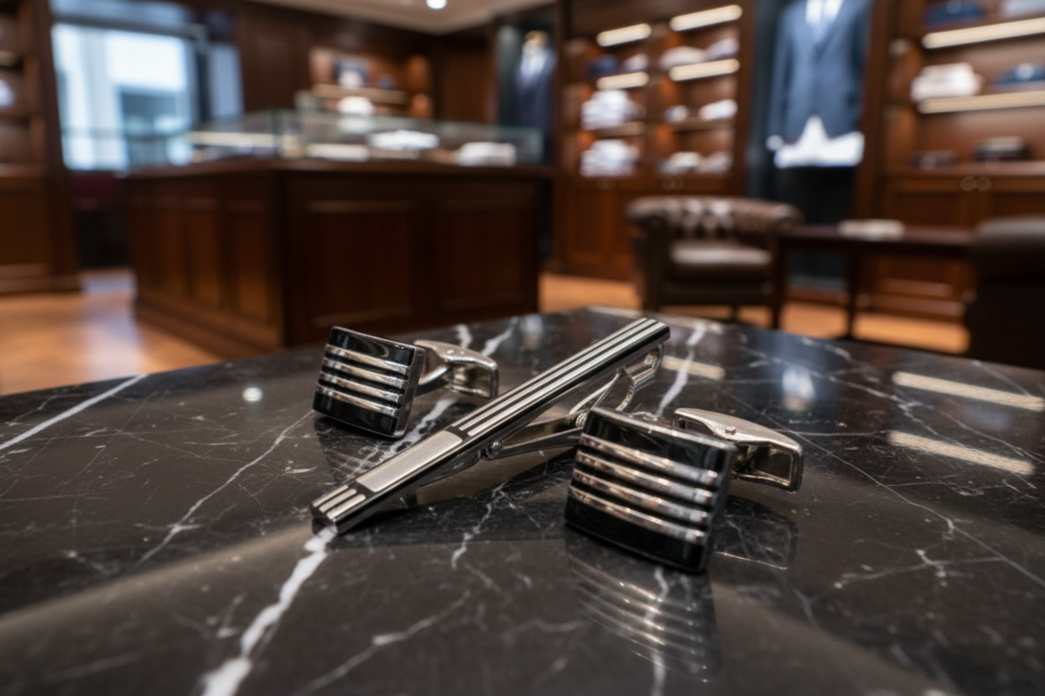 Silver Chrome and Black Lined Cufflinks and Tie Clip a
