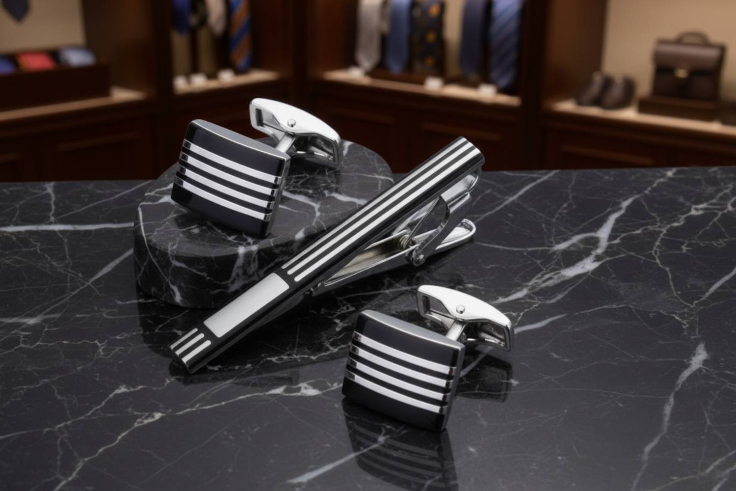 A set of tie bar and cuff-links with a chrome finish and black horizontal lines on a marble surface.